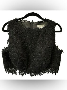 Poly USA Black Beaded Lace Crop Top Size L Floral Embroidered Party Prom